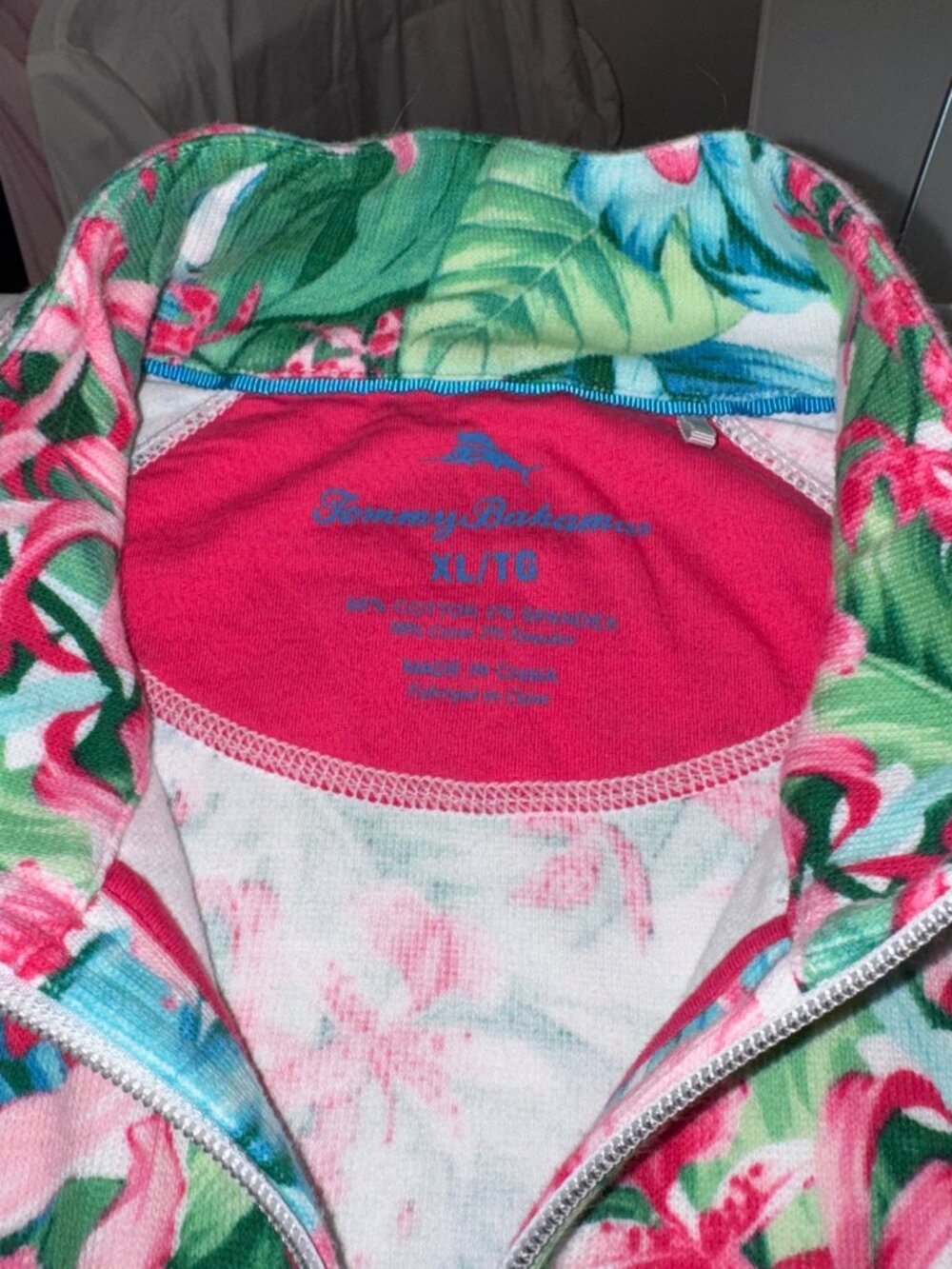 EUC TOMMY BAHAMA ARUBA PINK FLORAL TROPICAL FULL ZIP TOP JACKET SWEATSHIRT XL - Picture 2 of 5